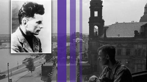 Montage eines Fotos von Samuel Beckett und drei farbiger Streifen über einem Bild einer Person die über die Elbe in Dresden schaut und auf die Brücken der Stadt blickt.