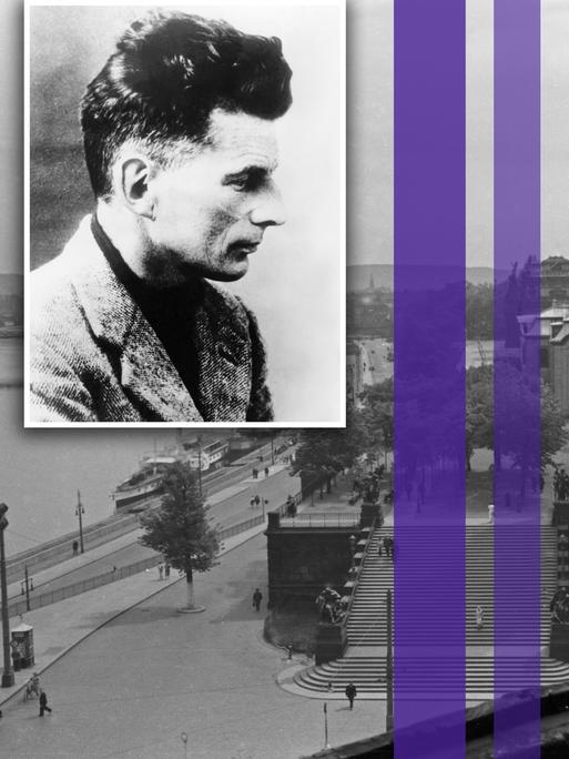 Montage eines Fotos von Samuel Beckett und drei farbiger Streifen über einem Bild einer Person die über die Elbe in Dresden schaut und auf die Brücken der Stadt blickt. Montage eines Fotos von Samuel Beckett und drei farbiger Streifen über einem Bild einer Person die über die Elbe in Dresden schaut und auf die Brücken der Stadt blickt.