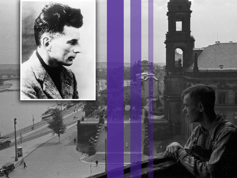 Montage eines Fotos von Samuel Beckett und drei farbiger Streifen über einem Bild einer Person die über die Elbe in Dresden schaut und auf die Brücken der Stadt blickt. Montage eines Fotos von Samuel Beckett und drei farbiger Streifen über einem Bild einer Person die über die Elbe in Dresden schaut und auf die Brücken der Stadt blickt.