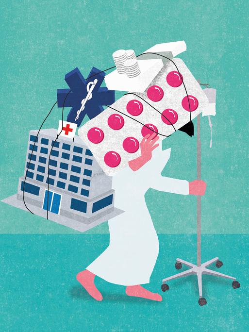 Illustration: Ein Krankenhauspatient trägt riesige Tablettenpackungen und ein Krankenhausgebäude und schiebt dabei eine Infusion.