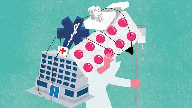 Illustration: Ein Krankenhauspatient trägt riesige Tablettenpackungen und ein Krankenhausgebäude und schiebt dabei eine Infusion.