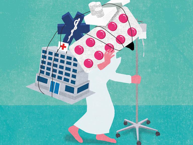 Illustration: Ein Krankenhauspatient trägt riesige Tablettenpackungen und ein Krankenhausgebäude und schiebt dabei eine Infusion.