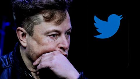 Der US-Unternehmer Elon Musk neben dem Twitterlogo. Er hat das Gesicht in die Hand gestützt.