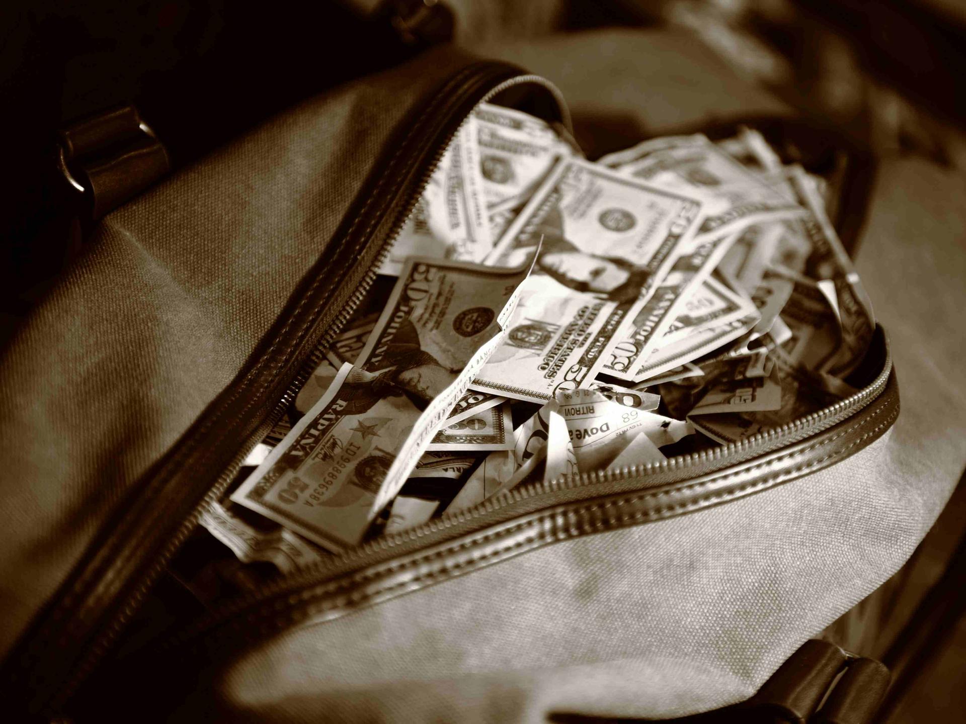 Eine geöffnete Reisetasche mit Geldscheinen.