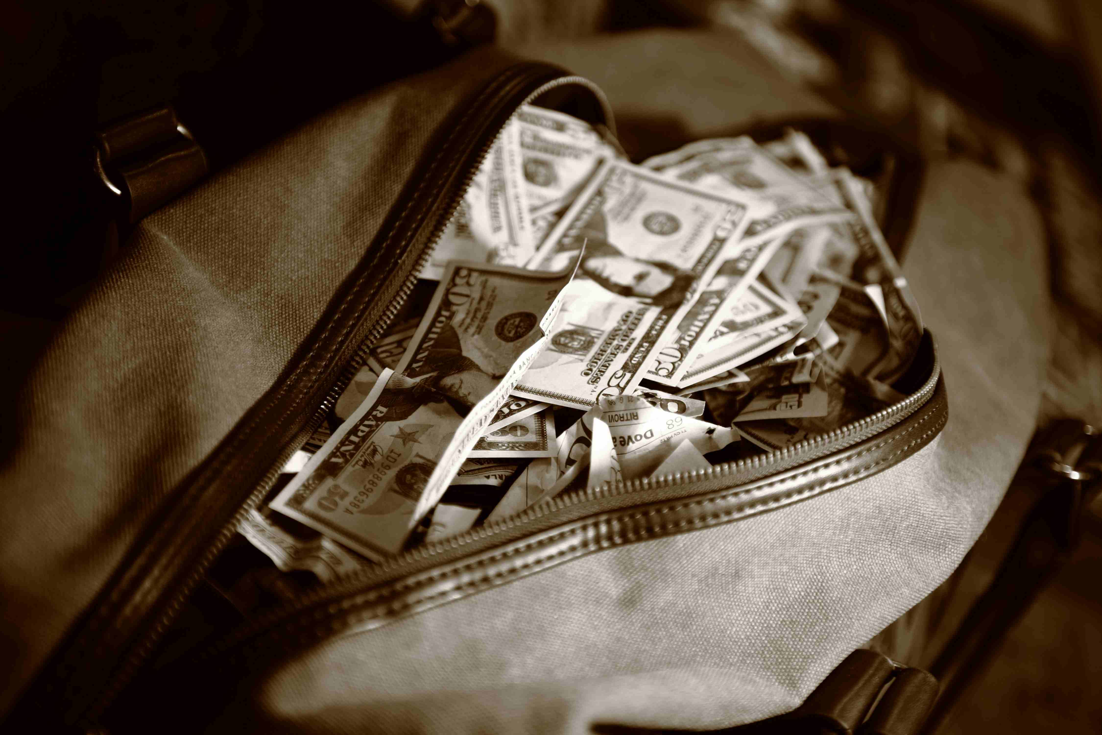Eine geöffnete Reisetasche mit Geldscheinen.