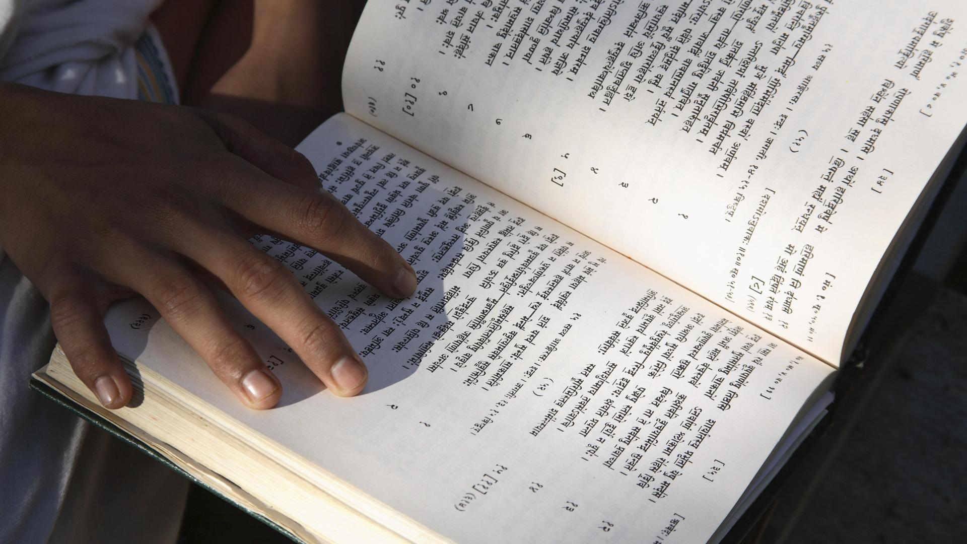 Eine Person hält ein offenes Buch in der Hand, in dem Verse auf Sanskrit stehen.