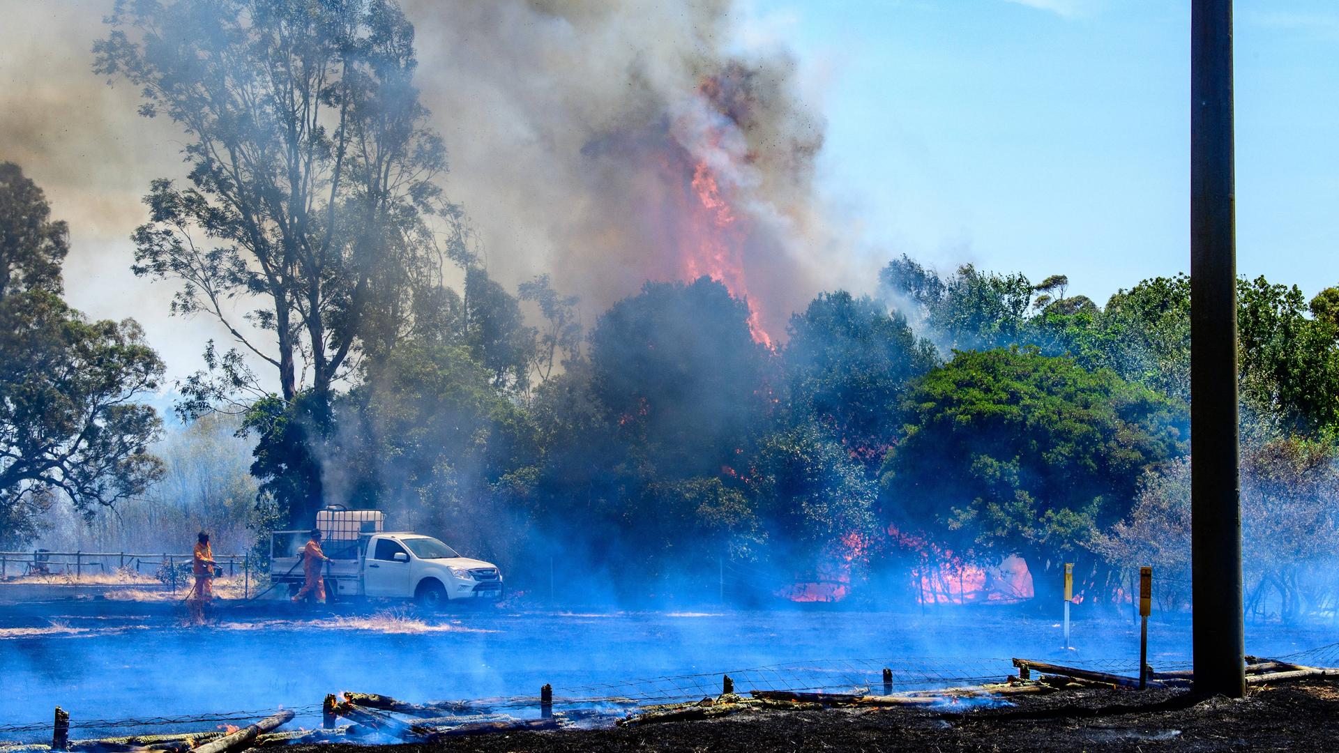 Feuerwehrmänner bekämpfen einen Buschbrand. Im Hintergrund lodern Flammen.