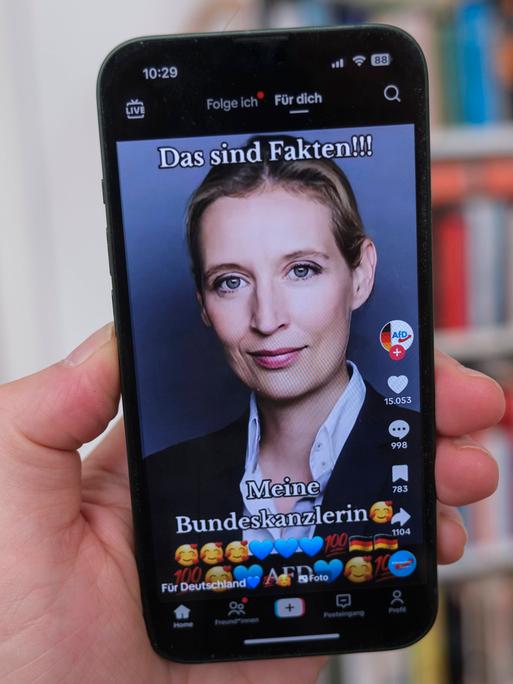 Hand hält ein Mobiltelefon auf dessen Display die Seite der AFD Politikerin Alice Weidel auf Plattform TikTok zu sehen i