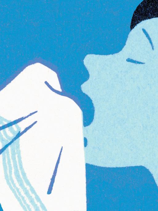 Illustration: Ein Mensch schneuzt sich die Nase in ein Taschentuch.