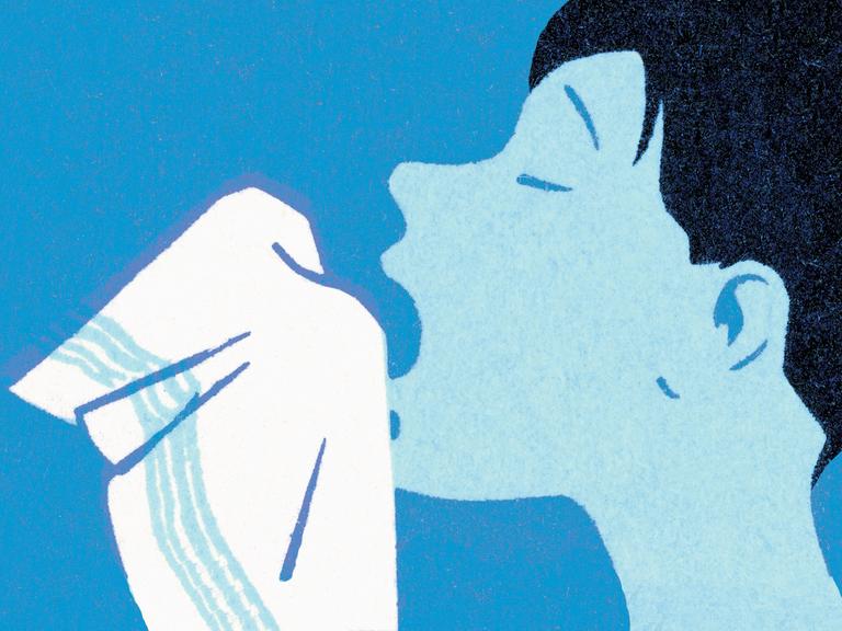 Illustration: Ein Mensch schneuzt sich die Nase in ein Taschentuch.