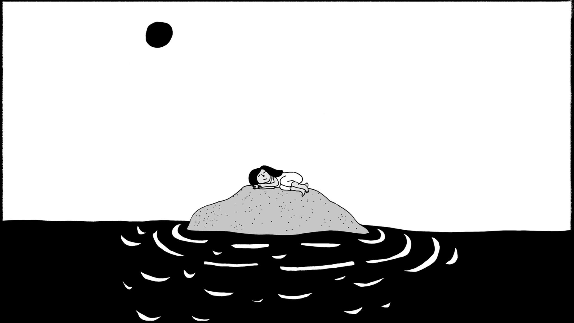 Illustration aus der Graphic Novel von Liv Strömquist: Eine Person liegt seitlich eingerollt auf einer sehr kleinen Insel im Wasser.