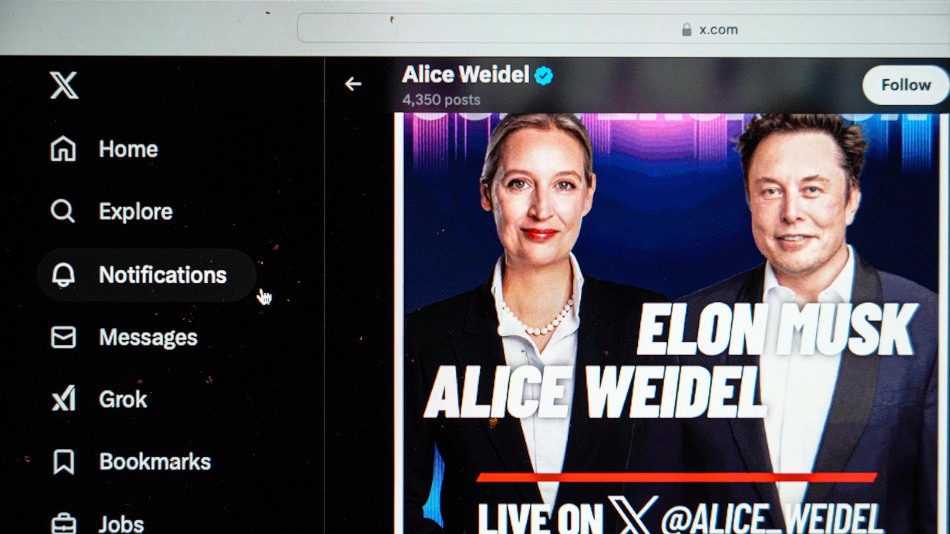 Elon Musk und die AfD Vorsitzende Alice Weidel treffen sich virtuell zu einem Dialog und sprechen gemeinsam auf der Plattform X.