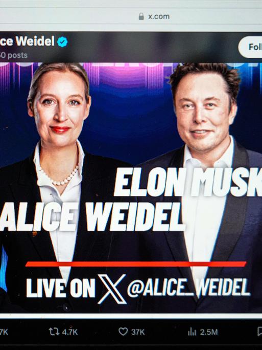 Elon Musk und die AfD Vorsitzende Alice Weidel treffen sich virtuell zu einem Dialog und sprechen gemeinsam auf der Plattform X.