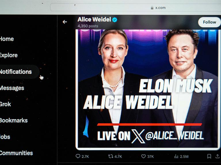 Elon Musk und die AfD Vorsitzende Alice Weidel treffen sich virtuell zu einem Dialog und sprechen gemeinsam auf der Plattform X.