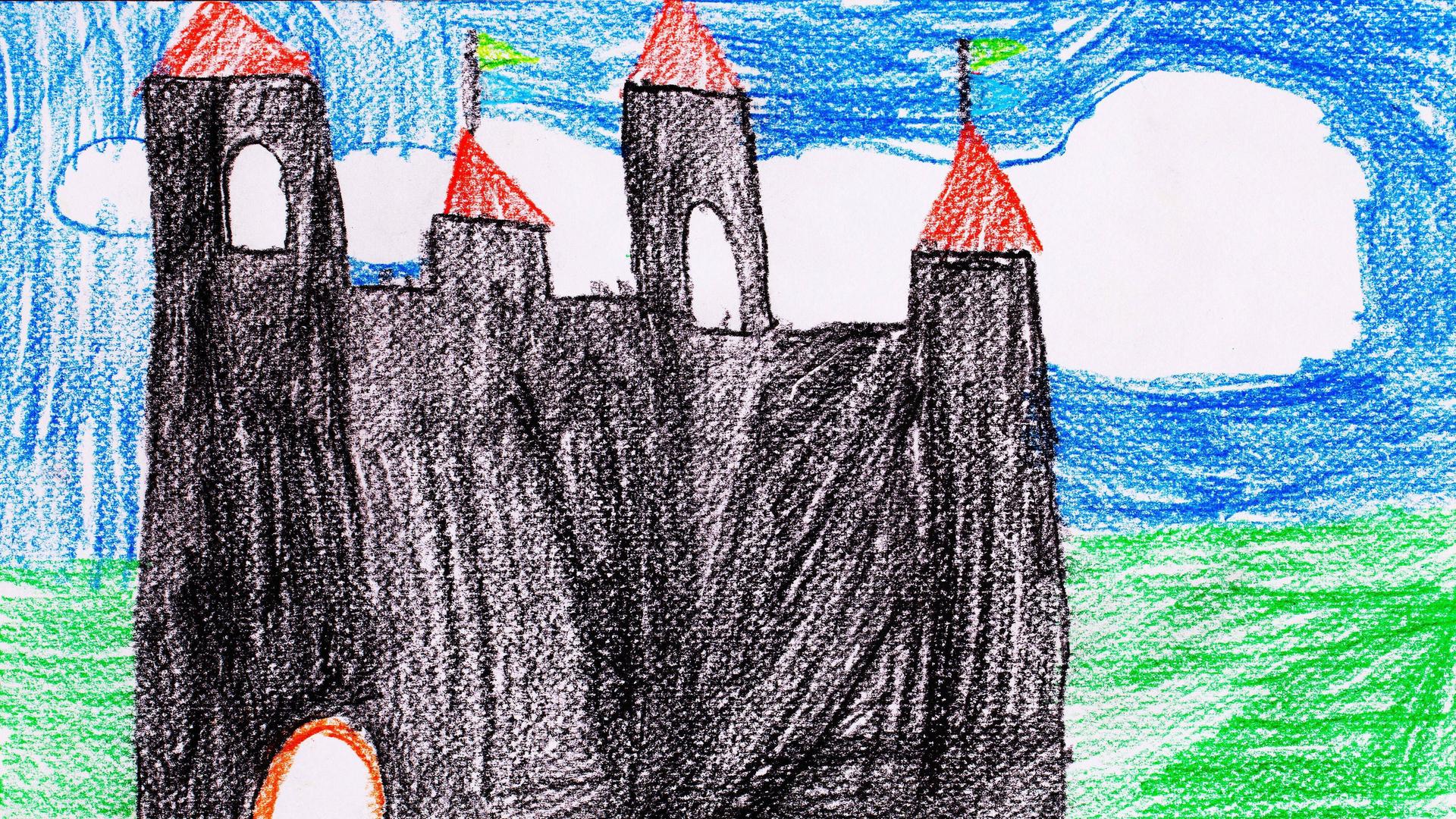 Kinderzeichnung einer dunklen Ritterburg vor blauem Himmel.