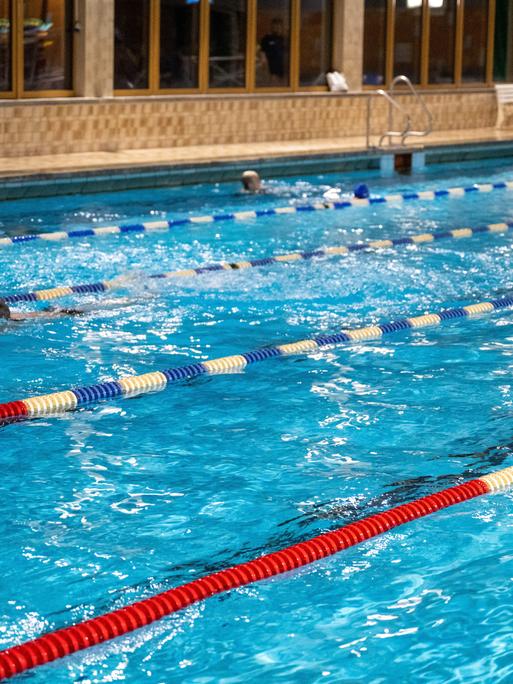 Menschen schwimmen im Wasser in einem Schwimmbad.