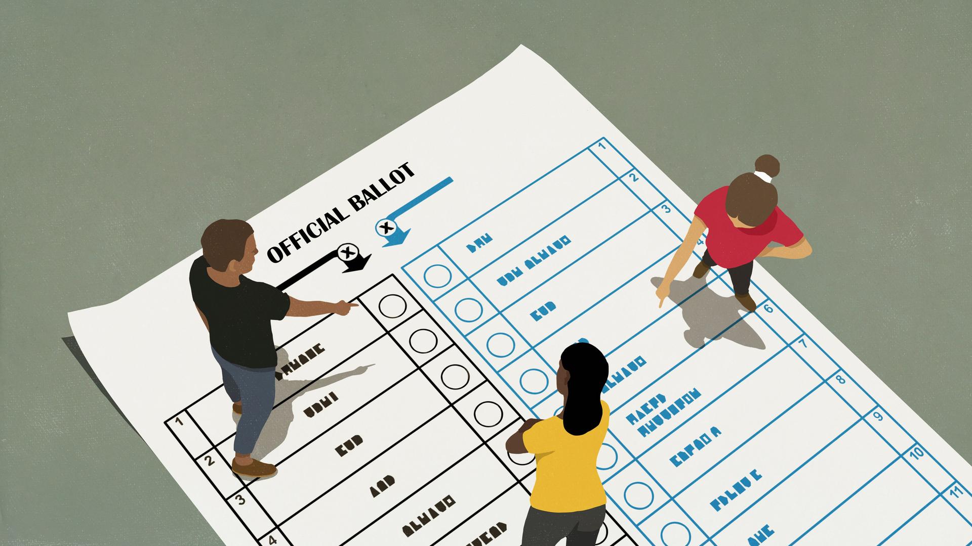 Illustration: Menschen stehen auf einem Wahlzettel und zeigen auf verschiedene Möglichkeiten, ein Kreuz zu setzen.