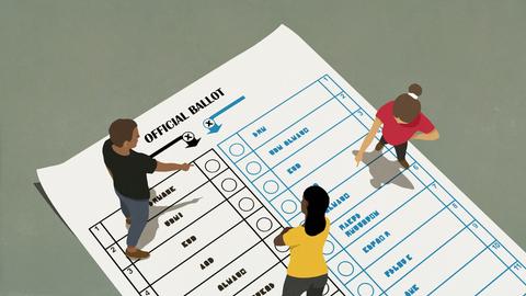 Illustration: Menschen stehen auf einem Wahlzettel und zeigen auf verschiedene Möglichkeiten, ein Kreuz zu setzen.