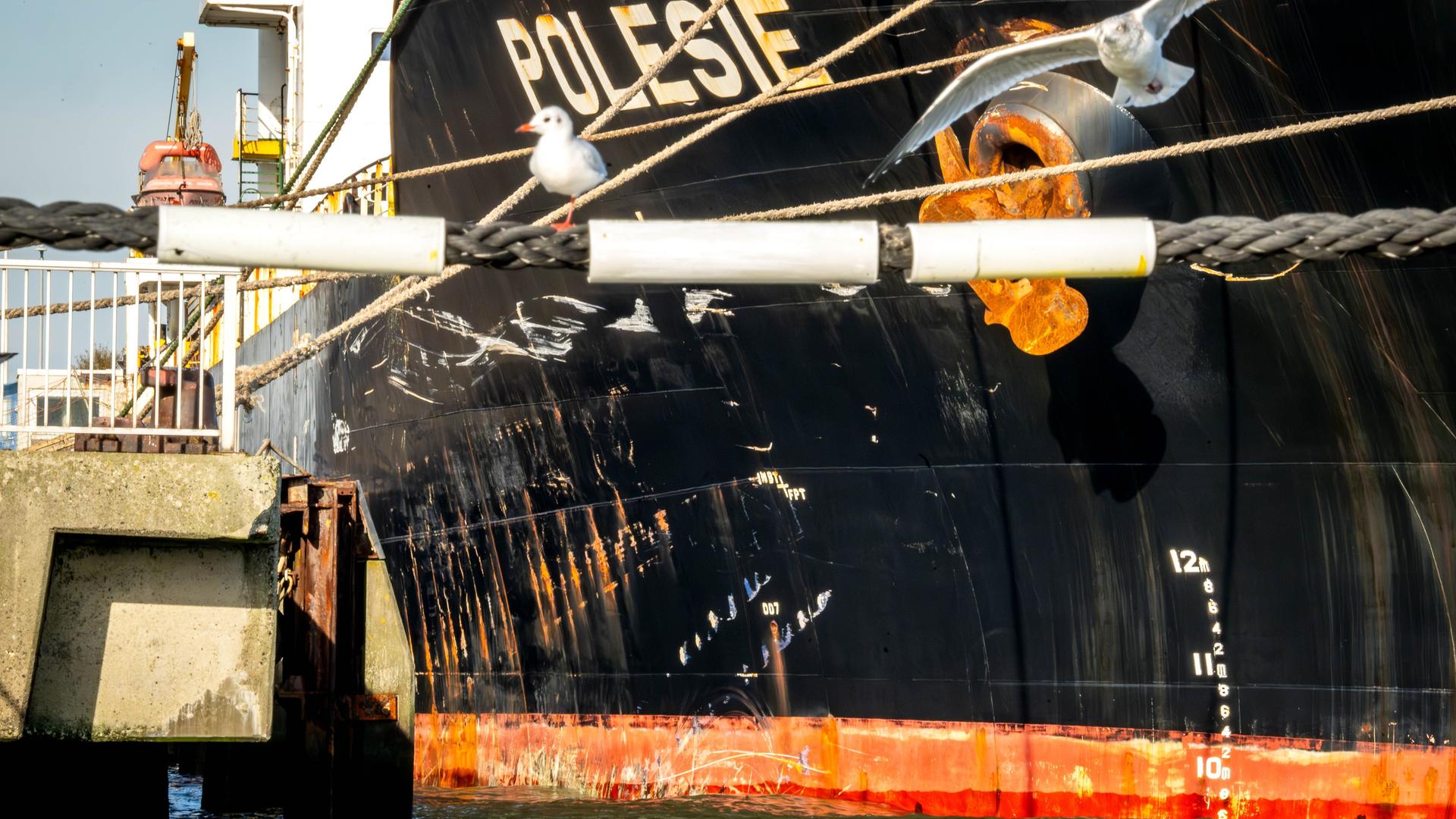 Cuxhaven: Die Schäden am Frachtschiff "Polesie". Infolge des Zusammenstoßes mit der "Polesie" ist der Frachter "Verity" in der in der Nordsee gesunken.