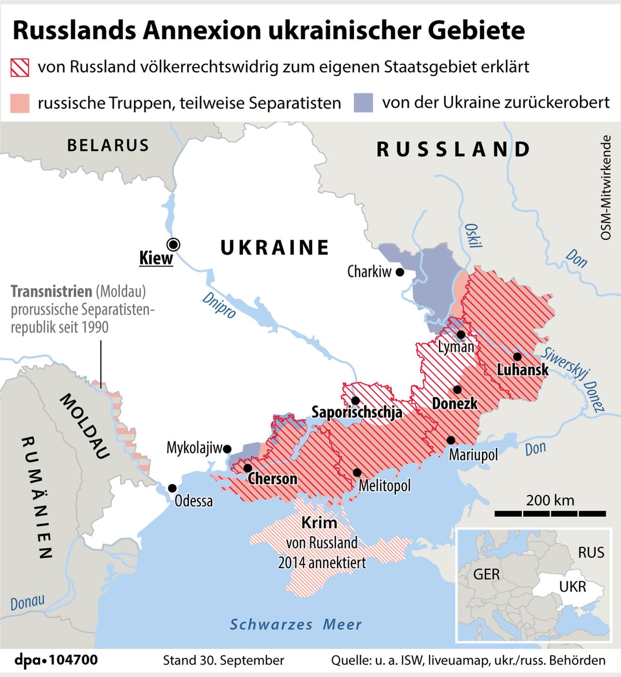Die russisch annektierten Gebiete sind dunkelrot/hellrot schraffiert. Cherson ist etwa in der Bildmitte.