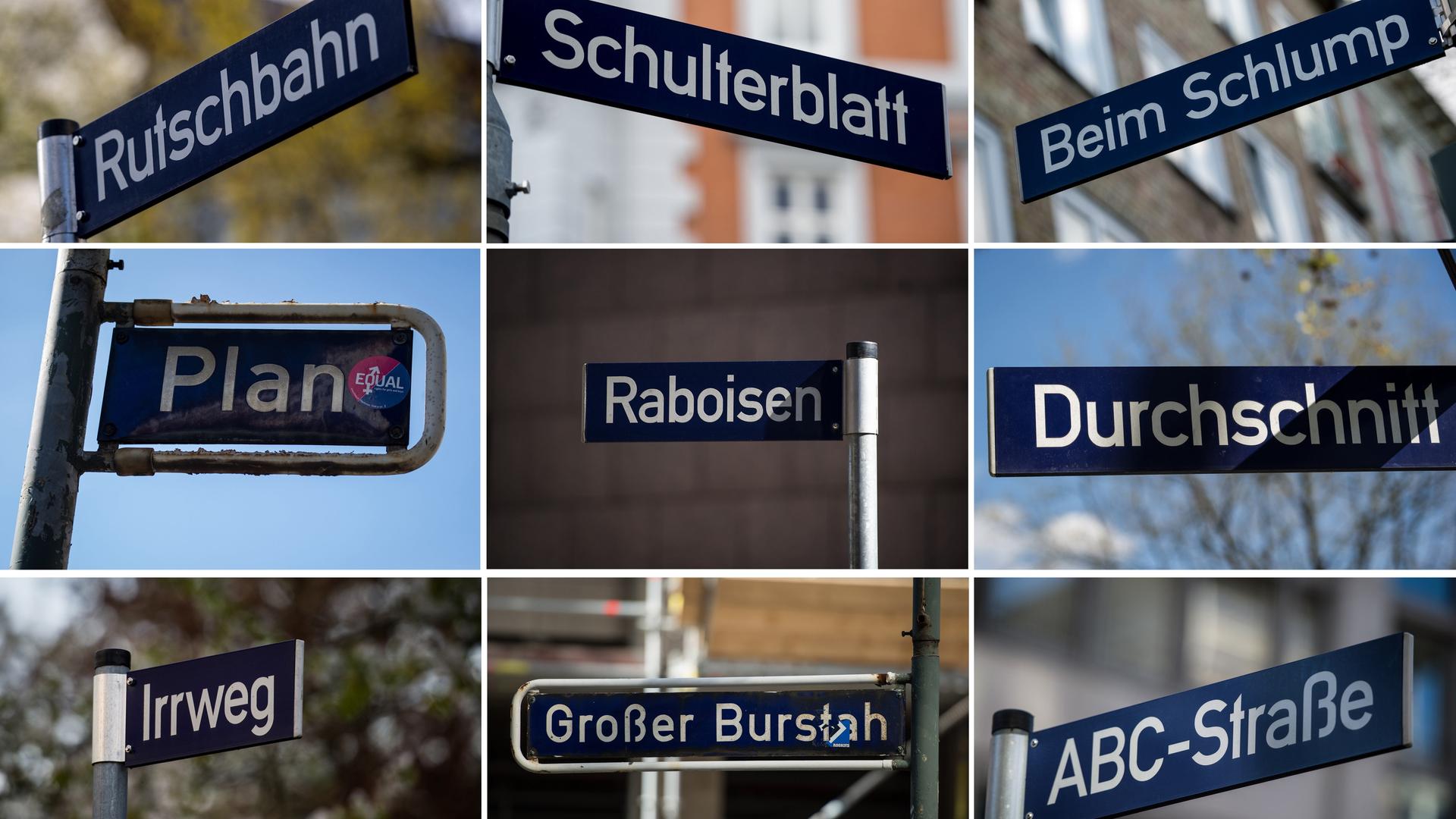 Eine Collage aus verschiedenen Straßenschildern mit skurrilen Namen. Darunter: Irrweg, Durchschnitt oder Rutschbahn.