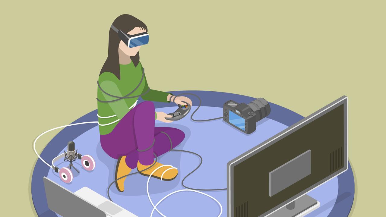 Illustration: Ein Mädchen sitzt auf einem Teppich und ist mit zahlreichen elektronischen Geräten verdrahtet, z.B. Fernseher, Laptop, Tablet, Smartphone, Kamera

