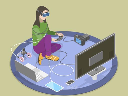 Illustration: Ein Mädchen sitzt auf einem Teppich und ist mit zahlreichen elektronischen Geräten verdrahtet, z.B. Fernseher, Laptop, Tablet, Smartphone, Kamera

