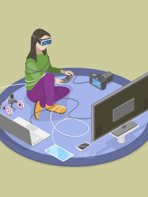 Illustration: Ein Mädchen sitzt auf einem Teppich und ist mit zahlreichen elektronischen Geräten verdrahtet, z.B. Fernseher, Laptop, Tablet, Smartphone, Kamera

