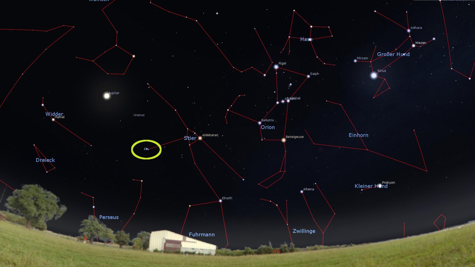 Der Anblick von Neuseeland aus: Der Stier mit den Plejaden (gelber Kreis), Jupiter und Orion et cetera kopfüber“ am morgendlichen Osthimmel.