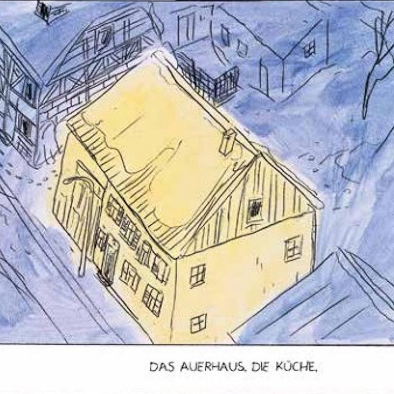 Das Panel aus der Graphic Novel "Auerhaus" zeigt eine winterliche Straße aus der Vogelperspektive, aus der ein einzelnes Haus in Gelb heraussticht.