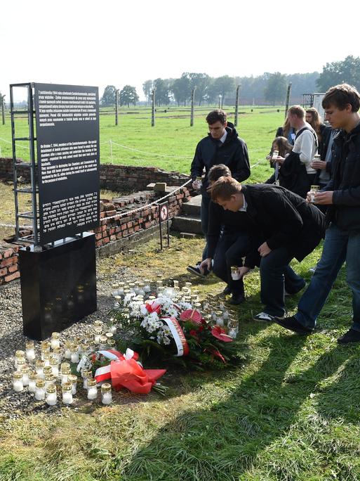 Menschen legen vor einer Gedenktafel im KZ Auschwitz-Birkenau zur Erinnerung an den Aufstand des Sonderkommandos Blumen ab. (Quelle: Picture Alliance)