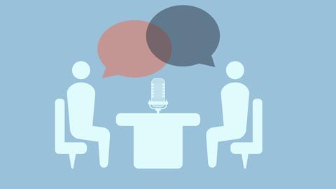 Eine Illustration zeigt zwei schematisierte Figuern in einer Interviewsituation.