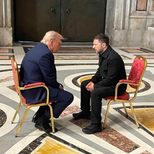 Selenskyj und Trump sitzen sich auf zwei Stühlen während der Beerdigung von Papst Franziskus im Petersdom