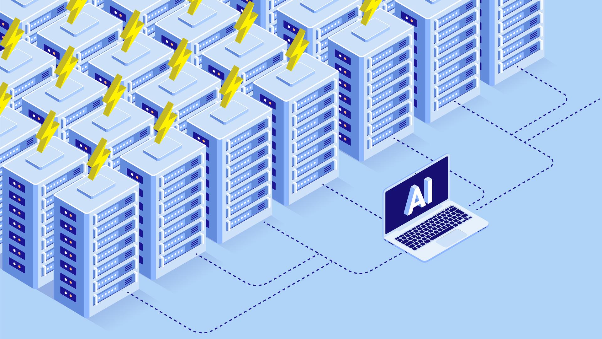 Illustration eines Laptops, auf dessen Bildschirm ein AI-Zeichen zu sehen ist. Der Laptop ist über gestrichelte Linien am Boden mit einer Ansammlung von abstrahierten Batterien verbunden, auf denen Stromsymbole zu sehen sind.