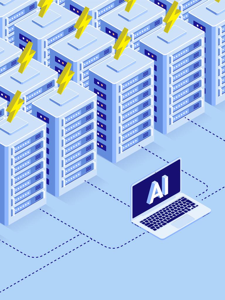 Illustration eines Laptops, auf dessen Bildschirm ein AI-Zeichen zu sehen ist. Der Laptop ist über gestrichelte Linien am Boden mit einer Ansammlung von abstrahierten Batterien verbunden, auf denen Stromsymbole zu sehen sind.
