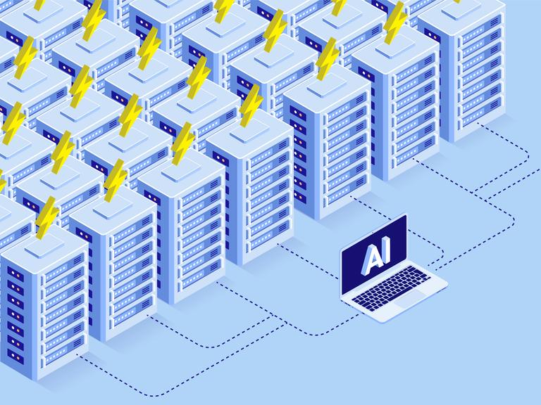 Illustration eines Laptops, auf dessen Bildschirm ein AI-Zeichen zu sehen ist. Der Laptop ist über gestrichelte Linien am Boden mit einer Ansammlung von abstrahierten Batterien verbunden, auf denen Stromsymbole zu sehen sind.