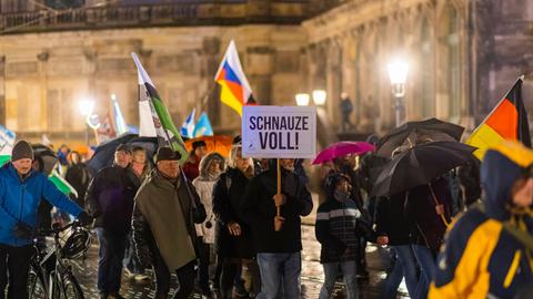 Protestierende stehen in Dresden bei einer Demonstration von AfD und Pegida gegen die Bundespolitik gegenüber Russland u.a. mit Deutschlandflaggen beieinander. Ein Mann hält ein Schild, auf dem "Schnauze voll!" steht.