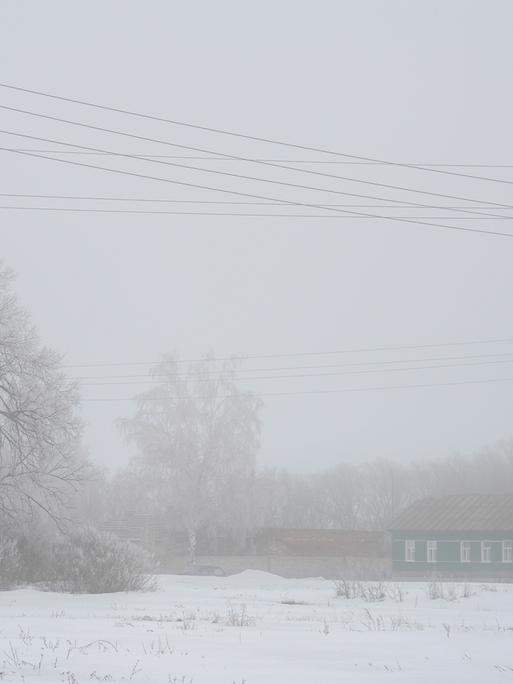 Ein russisches Dorf bei Tambov mit Schnee im Nebel