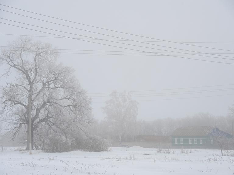 Ein russisches Dorf bei Tambov mit Schnee im Nebel