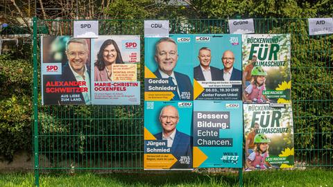 Wahlplakate zur Landtagswahl am 22. März 2026 in Rheinland-Pfalz.
