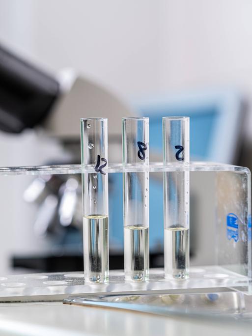 Drei Reagenzgläser im Labor mit einer klaren Flüssigkeit. Im Hintergrund ist ein Mikroskop erkennbar. Drei Reagenzgläser im Labor mit einer klaren Flüssigkeit. Im Hintergrund ist ein Mikroskop erkennbar.