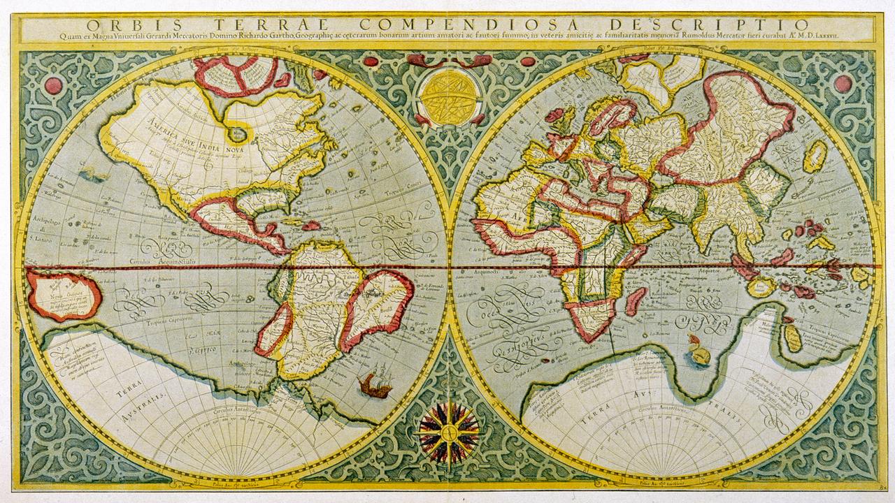 Die Kontinente der Welt werden in zwei Kreisen zweidimensional dargestellt. Im linken Kreis befinden sich Nord- und Südamerika, rechts Europa, Afrika und Asien. Im Süden ist ein weiterer Kontinent abgebildet, den es so gar nicht gibt. 