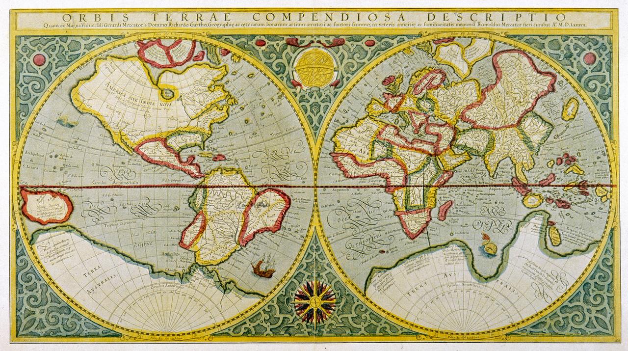 Die Kontinente der Welt werden in zwei Kreisen zweidimensional dargestellt. Im linken Kreis befinden sich Nord- und Südamerika, rechts Europa, Afrika und Asien. Im Süden ist ein weiterer Kontinent abgebildet, den es so gar nicht gibt. 