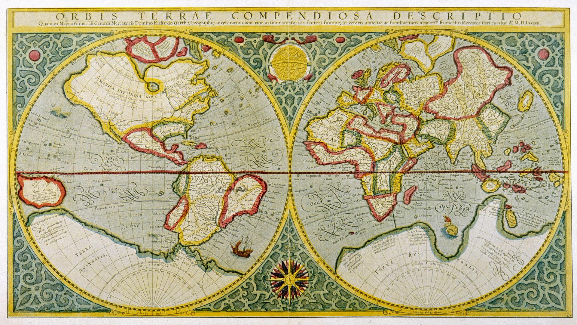 Die Kontinente der Welt werden in zwei Kreisen zweidimensional dargestellt. Im linken Kreis befinden sich Nord- und Südamerika, rechts Europa, Afrika und Asien. Im Süden ist ein weiterer Kontinent abgebildet, den es so gar nicht gibt. Die Kontinente der Welt werden in zwei Kreisen zweidimensional dargestellt. Im linken Kreis befinden sich Nord- und Südamerika, rechts Europa, Afrika und Asien. Im Süden ist ein weiterer Kontinent abgebildet, den es so gar nicht gibt.