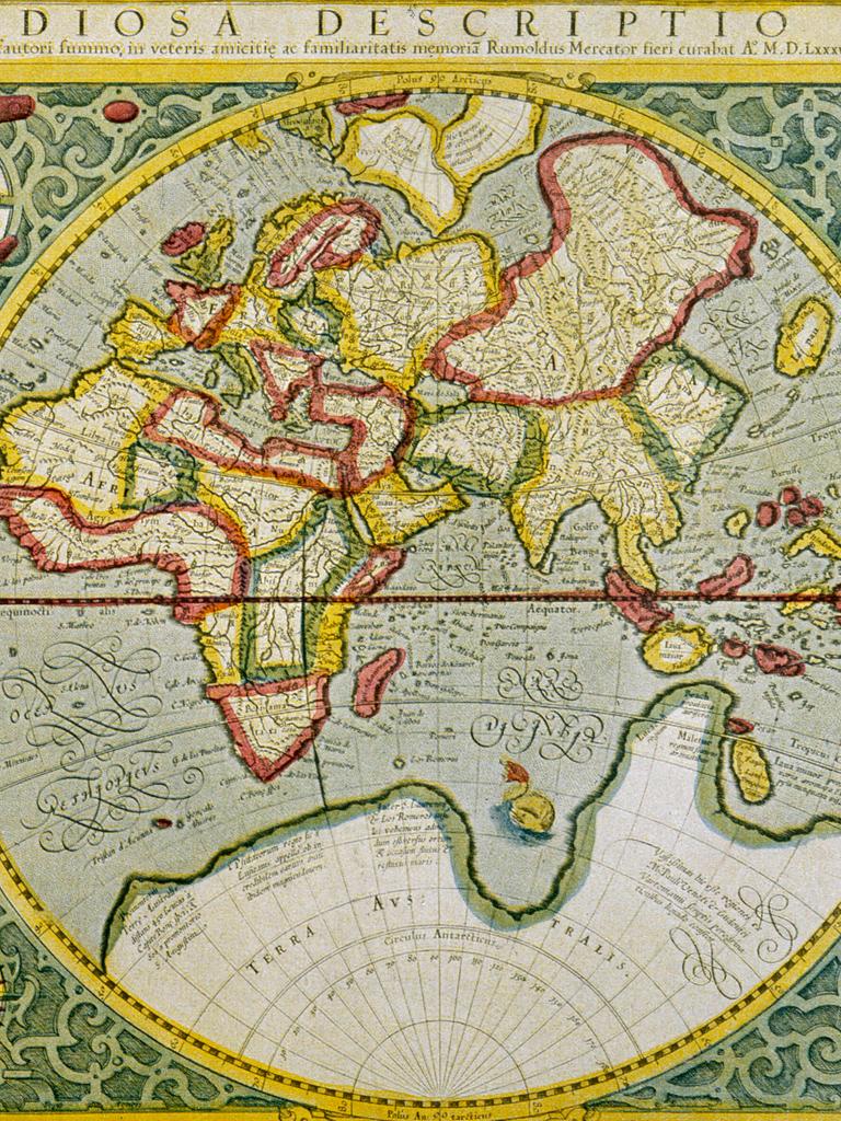 Die Kontinente der Welt werden in zwei Kreisen zweidimensional dargestellt. Im linken Kreis befinden sich Nord- und Südamerika, rechts Europa, Afrika und Asien. Im Süden ist ein weiterer Kontinent abgebildet, den es so gar nicht gibt. 