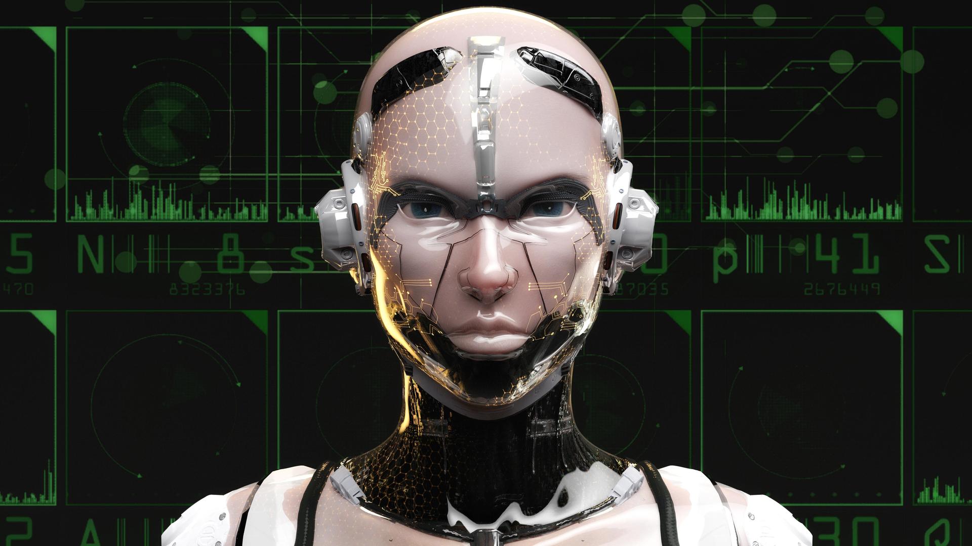 Künstlerische Darstellung eines humanoiden Roboters mit künstlicher Intelligenz.