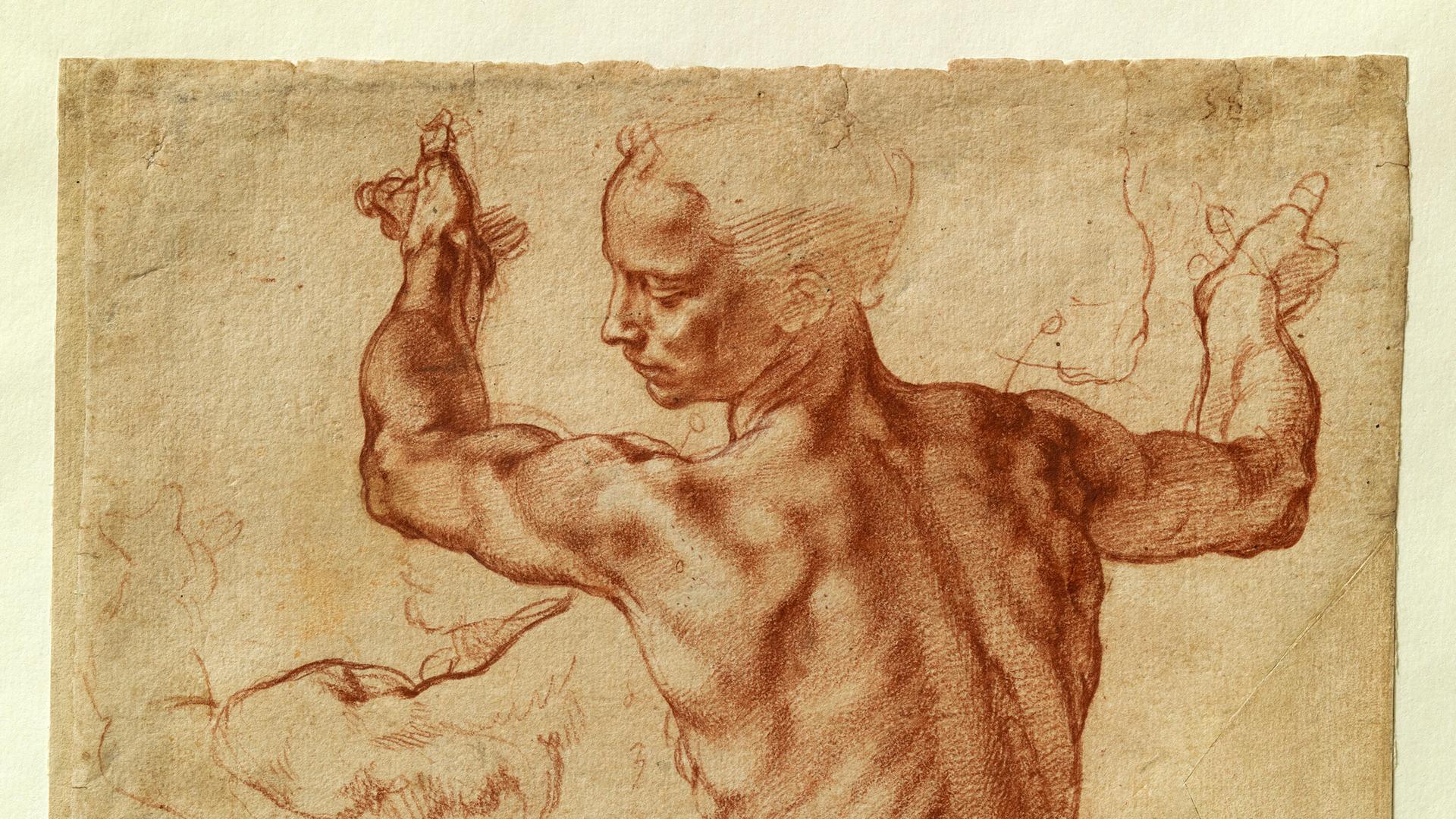 Studien für die Libysche Sibylle und eine kleine Skizze für eine sitzende Figur, Michelangelo Buonarroti, Historisch, digital restaurierte Reproduktion von einer Vorlage aus dem 19. Jahrhundert.