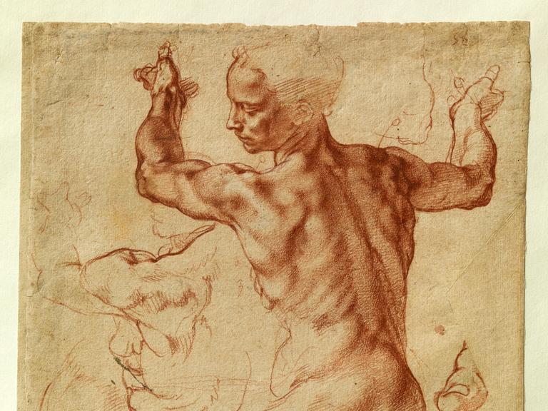 Studien für die Libysche Sibylle und eine kleine Skizze für eine sitzende Figur, Michelangelo Buonarroti, Historisch, digital restaurierte Reproduktion von einer Vorlage aus dem 19. Jahrhundert.