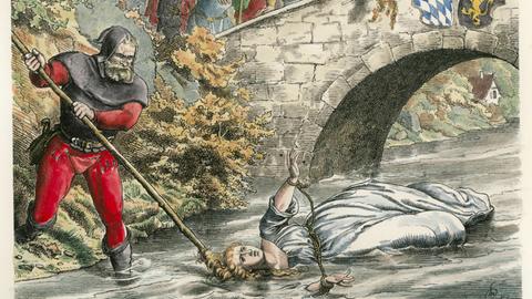 Zeichnung von Wilhelm Camphausen (1808-1885). zeigt Agnes Bernauer, die heimliche Gemahlin Herzog Albrechts III. von Bayern, die am 12.10.1435 bei Straubing in der Donau ertränkt wurde