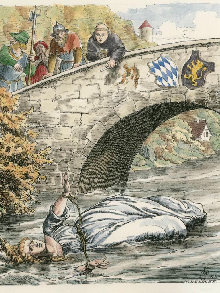 Zeichnung von Wilhelm Camphausen (1808-1885). zeigt Agnes Bernauer, die heimliche Gemahlin Herzog Albrechts III. von Bayern, die am 12.10.1435 bei Straubing in der Donau ertränkt wurde